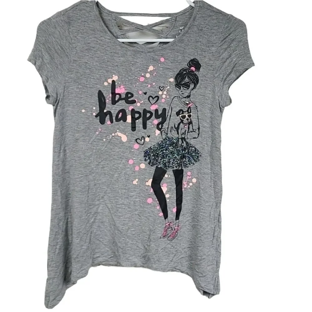Justice Gray Short Sleeve Tee Girls 10 Be happy Glitter Heart Dog Sunglasses Top